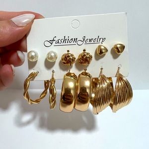 Gold Elegant Earrings Studs Imitation Pearl Dangle Gold hoops Earrings 6 pairs